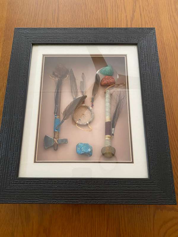 American Navajo Indian mementos in shadow box
